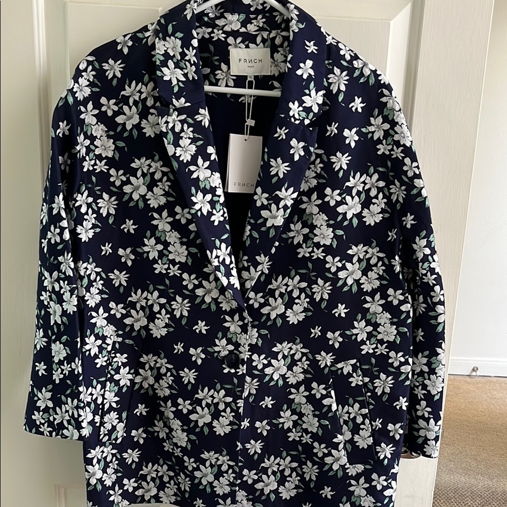 FRNCH Navy Blazer with White and Green Floral Design